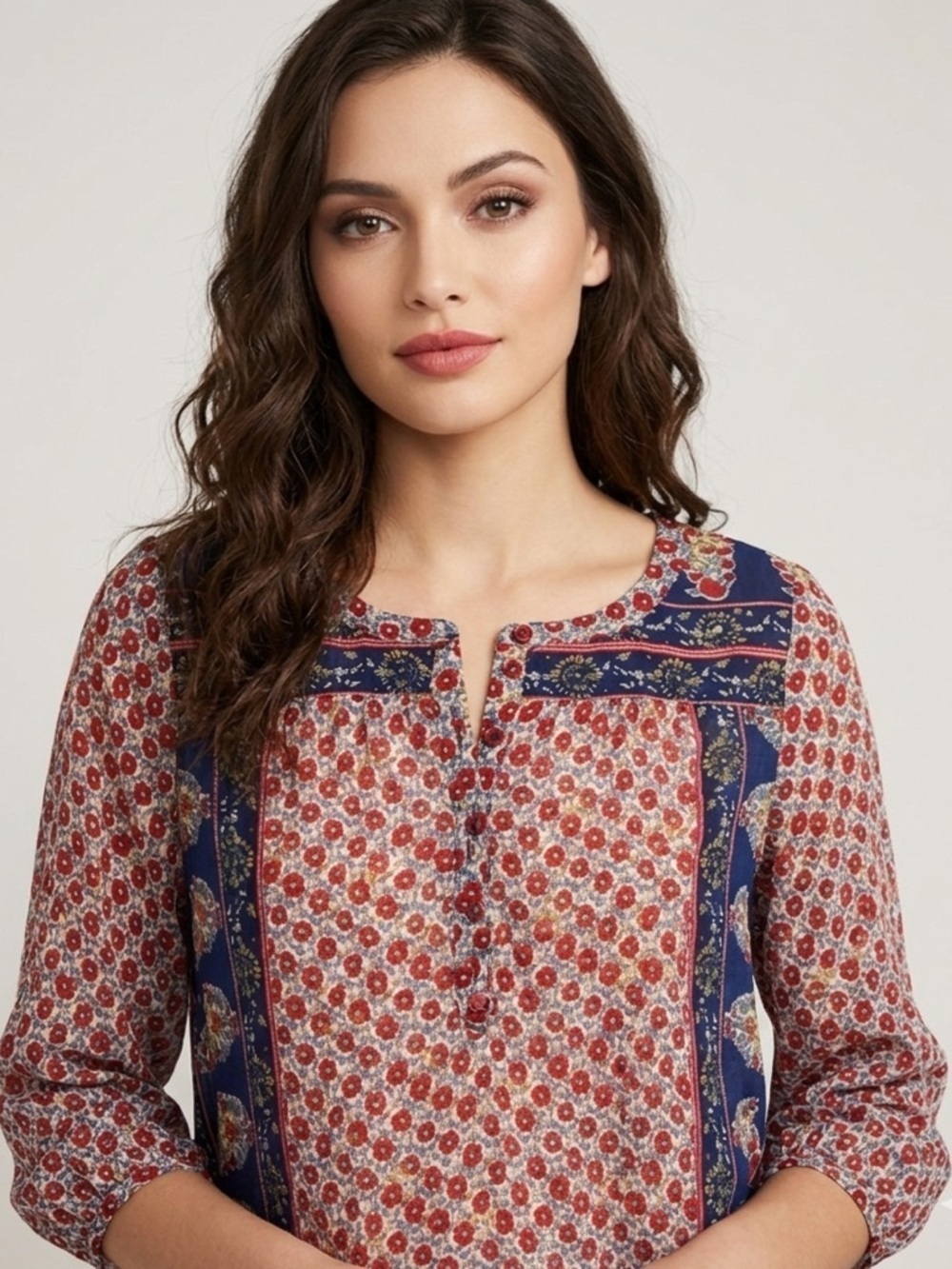 Lucky Brand Mixed Print Sheer Long Sleeve Button Boho Blouse Size Medium